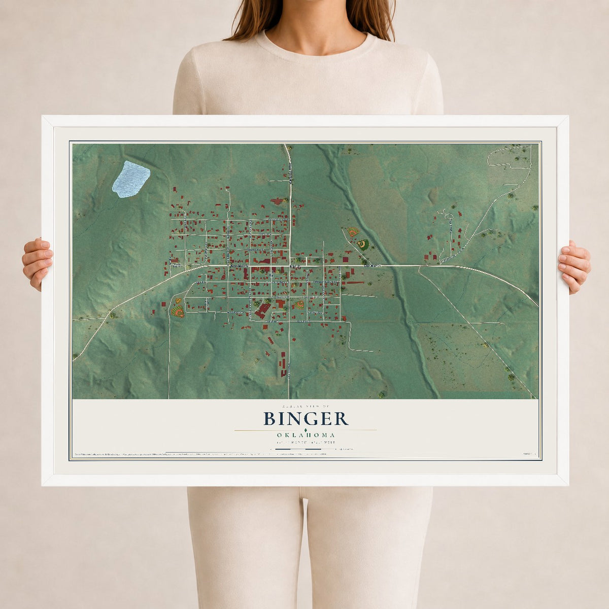 Map of Binger, Oklahoma, 24 x 36 inch print in a white wood frame