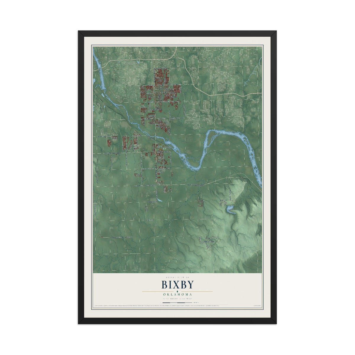 Map of Bixby, Oklahoma, 12 x 18 inch print in a black wood frame