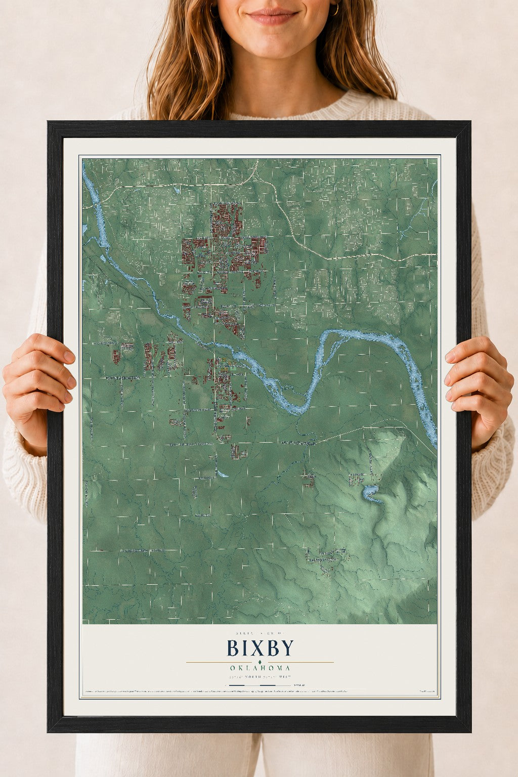 Map of Bixby, Oklahoma, 18 x 24 inch print in a black wood frame