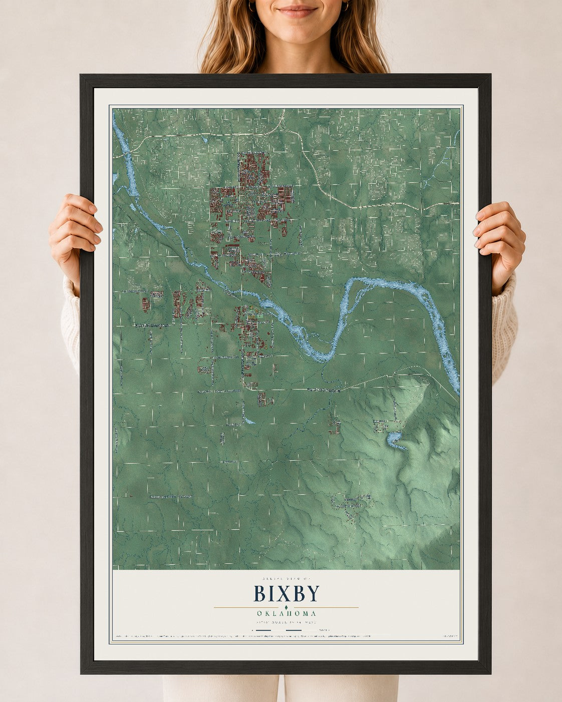Map of Bixby, Oklahoma, 24 x 36 inch print in a black wood frame