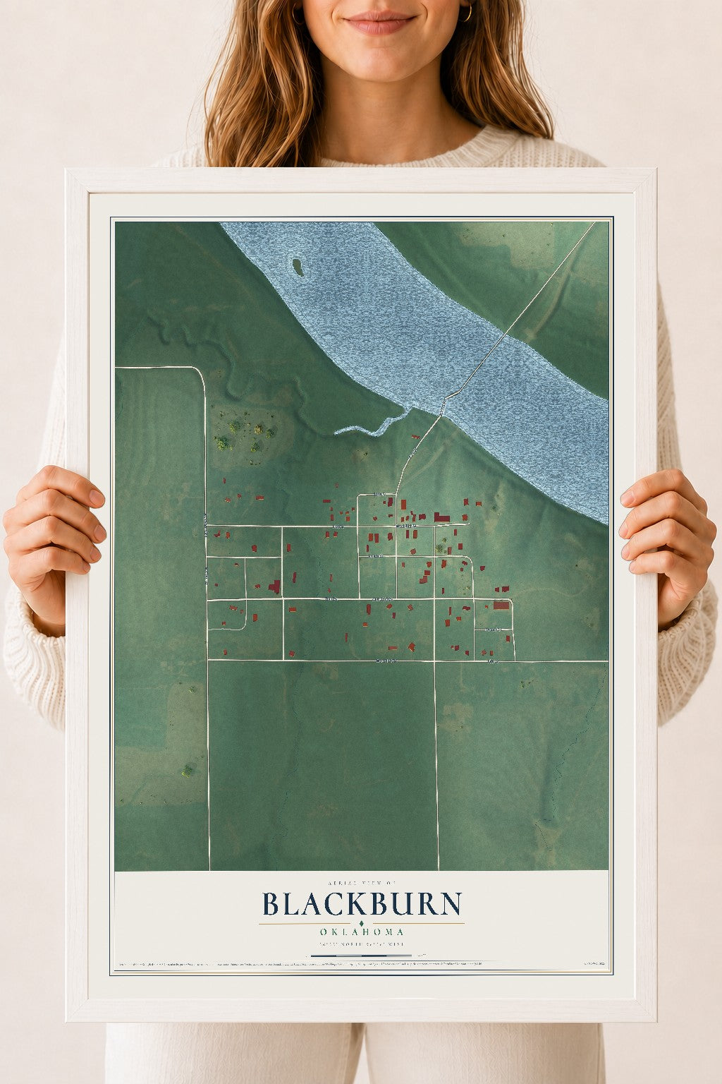 Map of Blackburn, Oklahoma, 18 x 24 inch print in a white wood frame