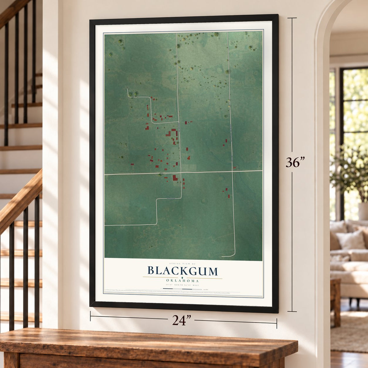 Blackgum, Oklahoma map, 24 x 36 inch print in a black frame by a staircase