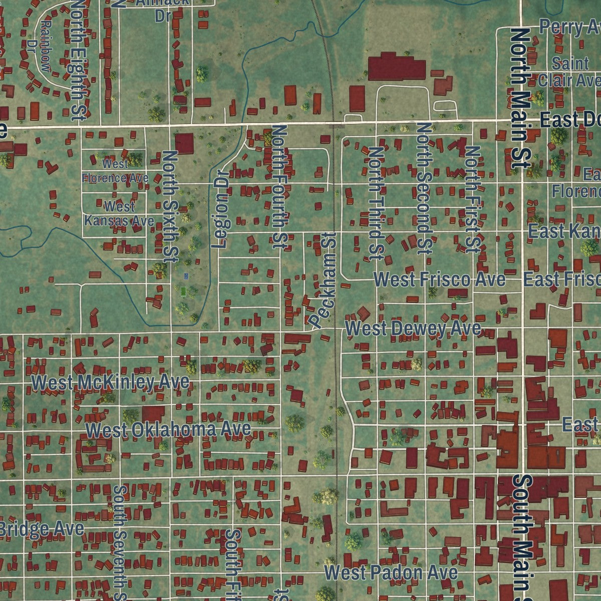 Close-up of the map of Blackwell, Oklahoma print showing street and building detail