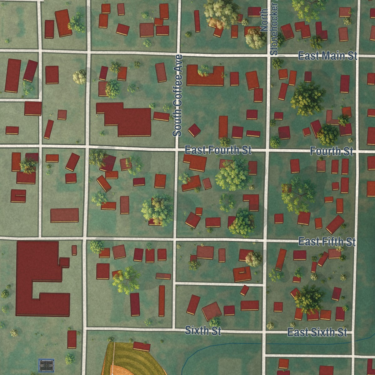 Close-up of the map of Blair, Oklahoma print showing street and building detail