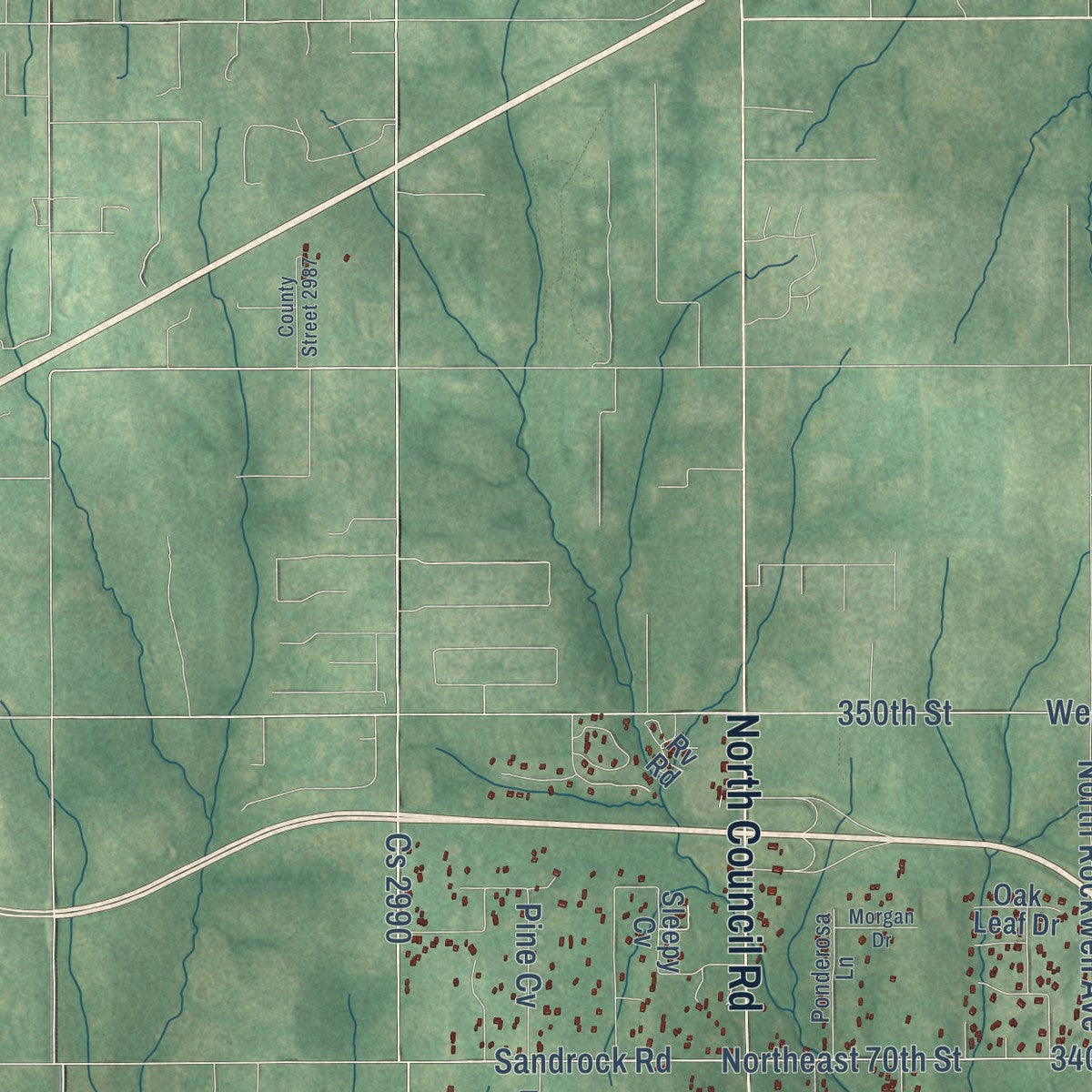 Second close-up of the map of Blanchard, Oklahoma print showing more streets and buildings