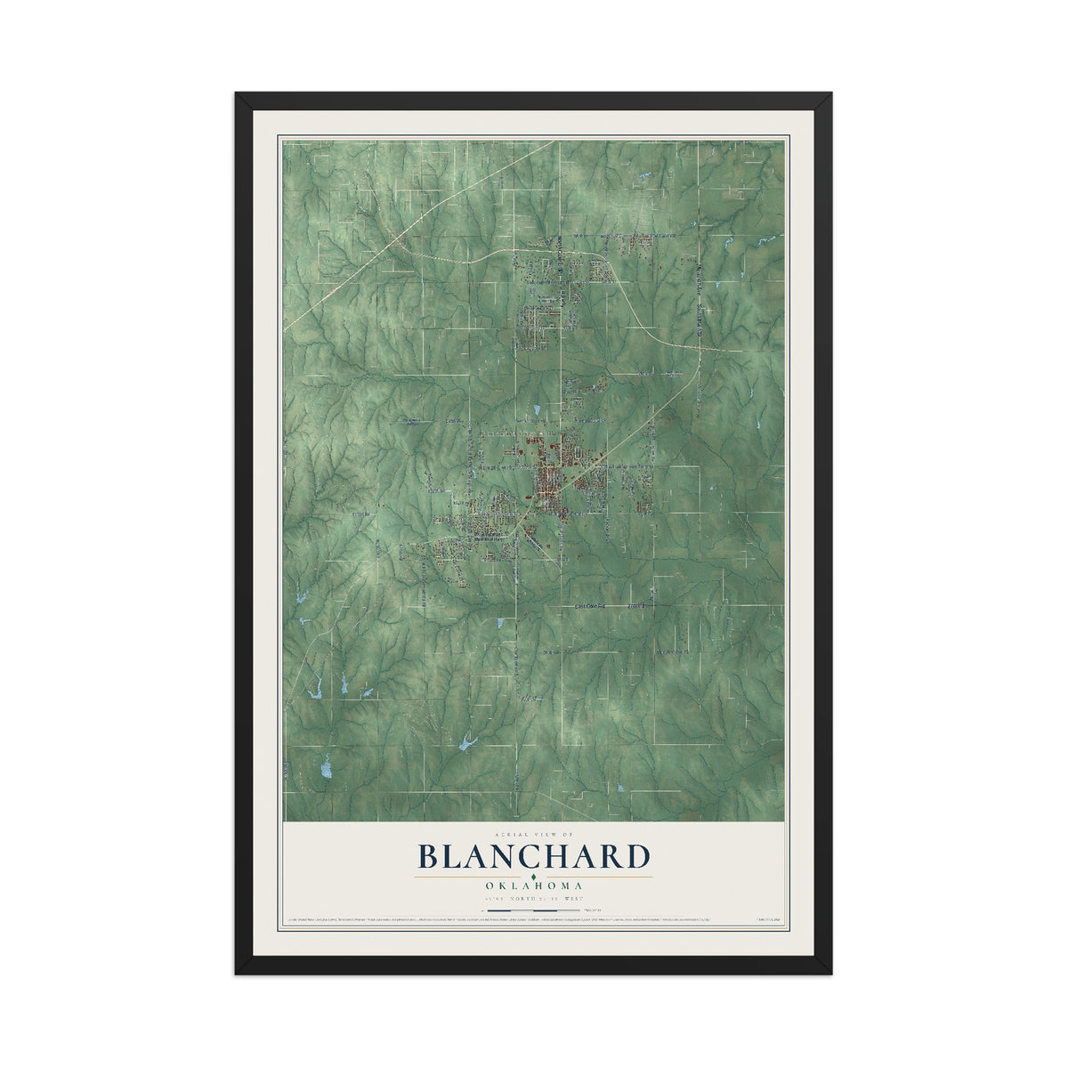 Map of Blanchard, Oklahoma, 12 x 18 inch print in a black wood frame
