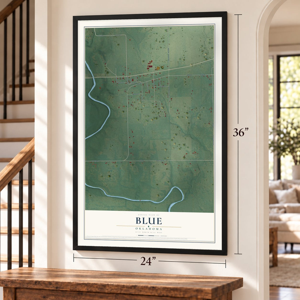 Blue, Oklahoma map, 24 x 36 inch print in a black frame by a staircase