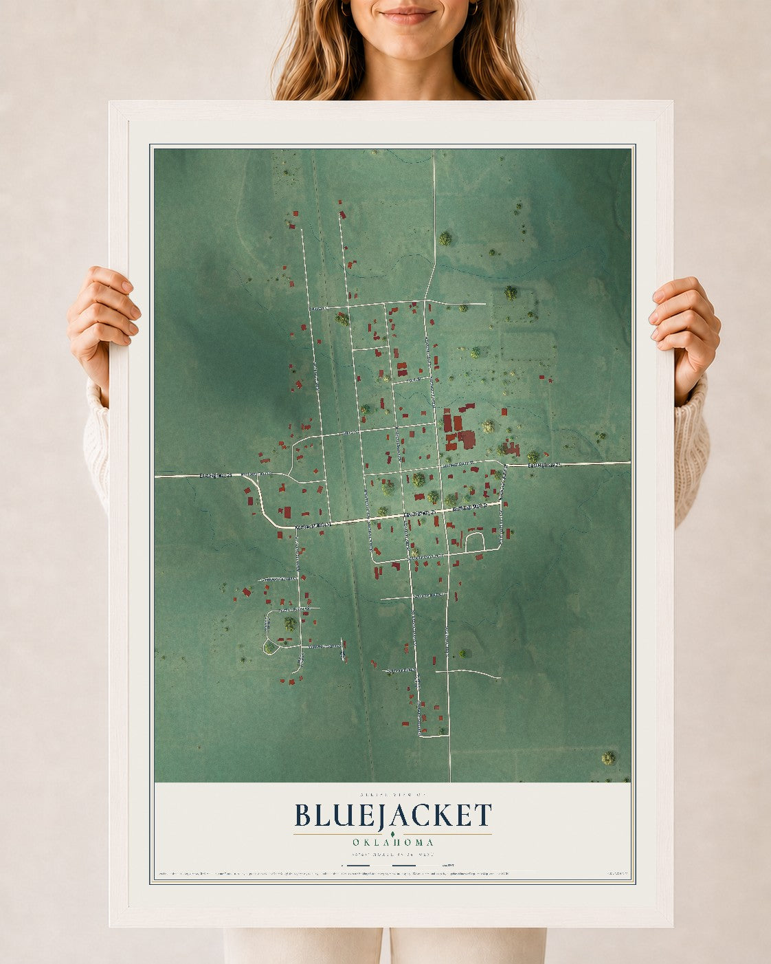 Map of Bluejacket, Oklahoma, 24 x 36 inch print in a white wood frame