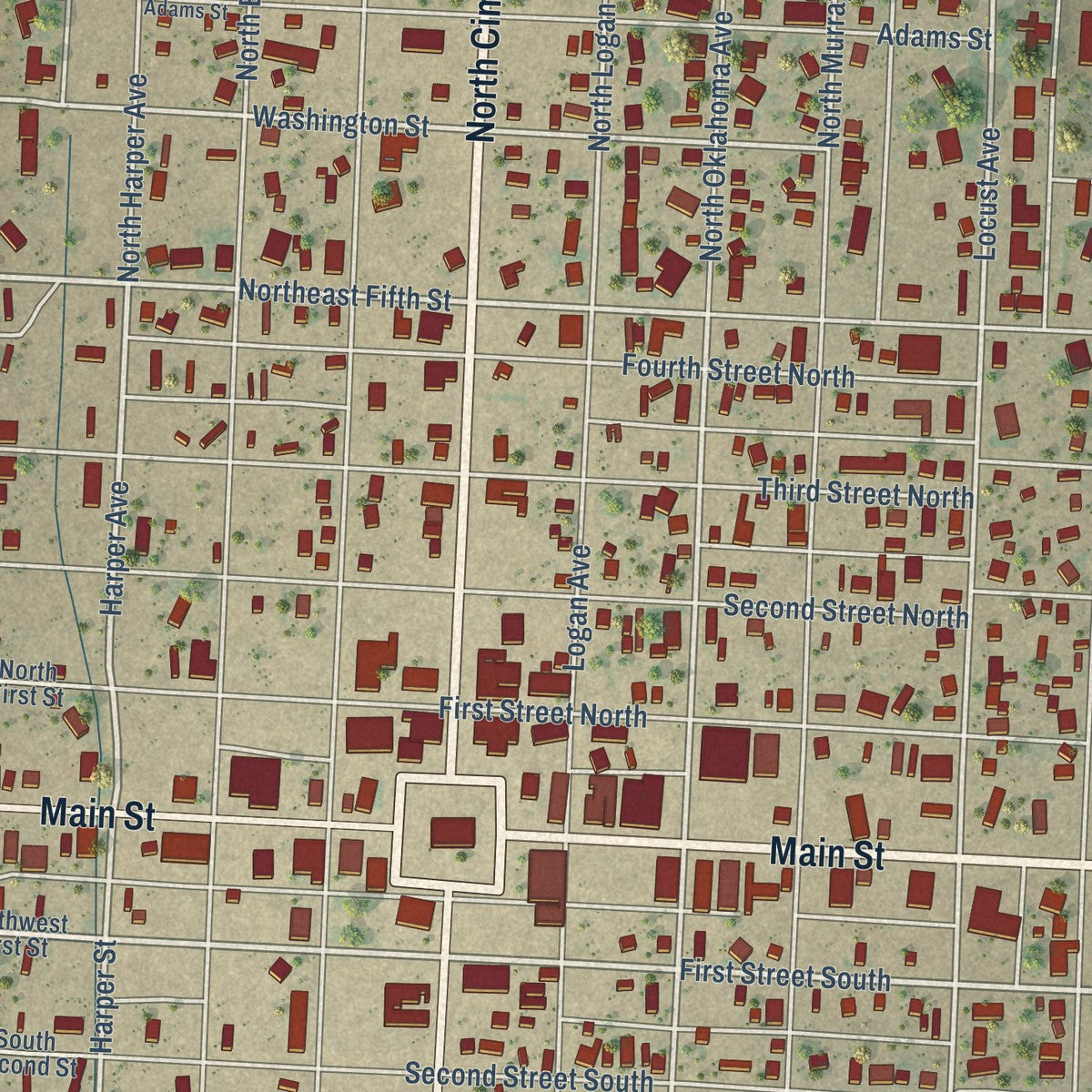 Close-up of the map of Boise City, Oklahoma print showing street and building detail