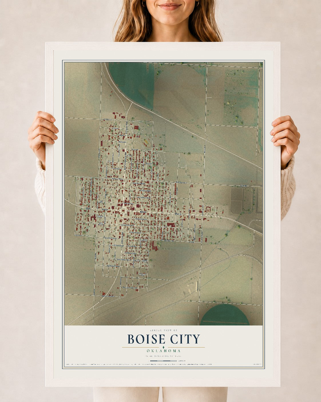 Map of Boise City, Oklahoma, 24 x 36 inch print in a white wood frame