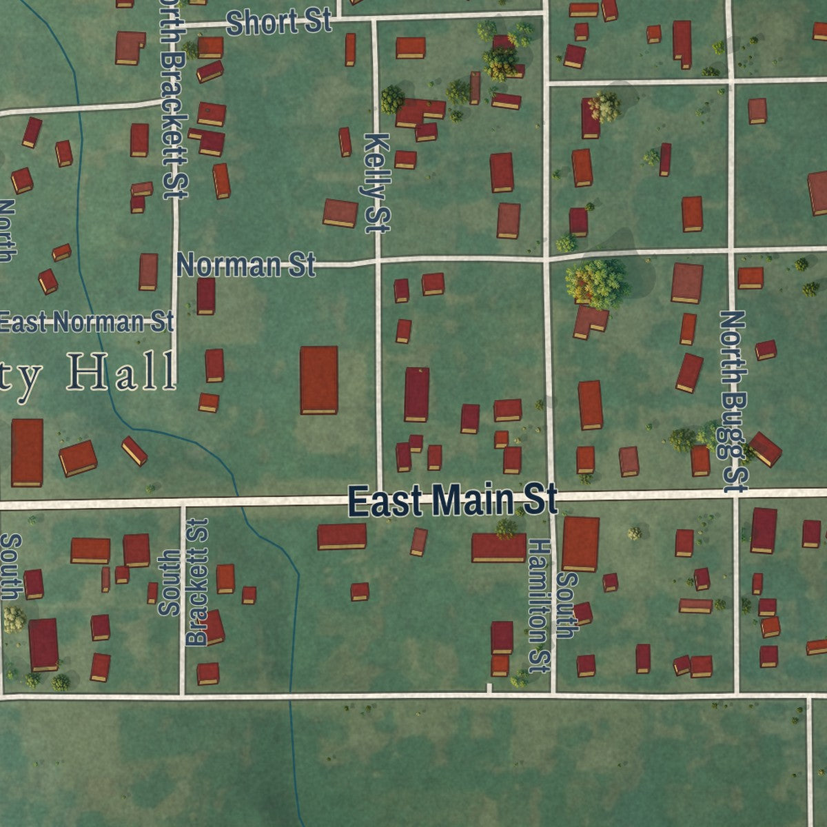 Second close-up of the map of Bokchito, Oklahoma print showing more streets and buildings
