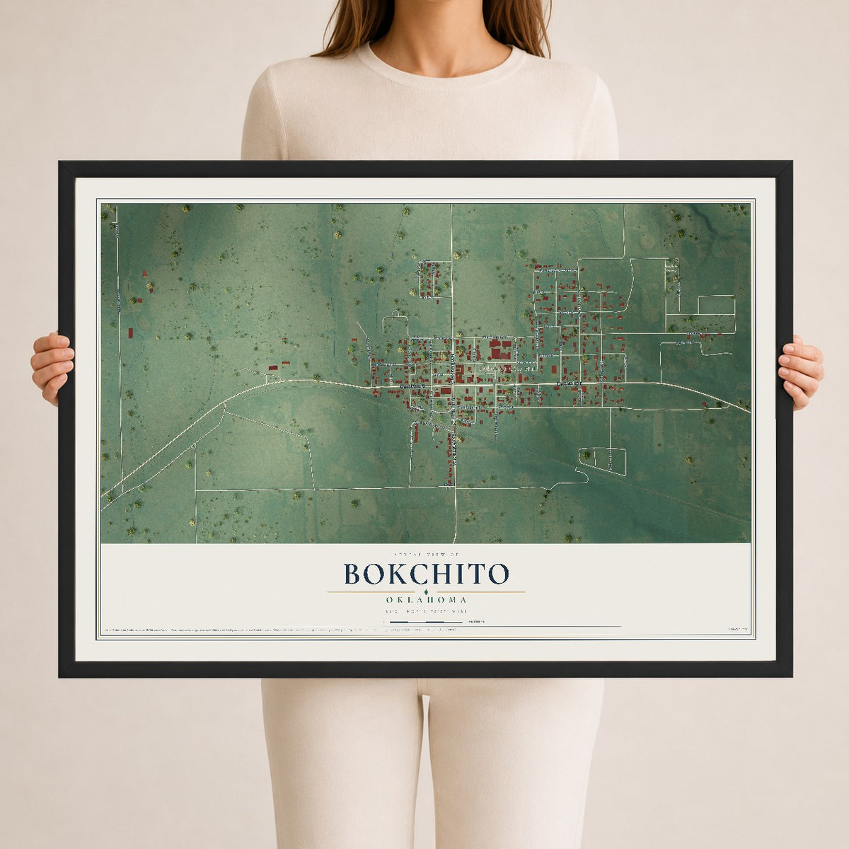 Map of Bokchito, Oklahoma, 24 x 36 inch print in a black wood frame