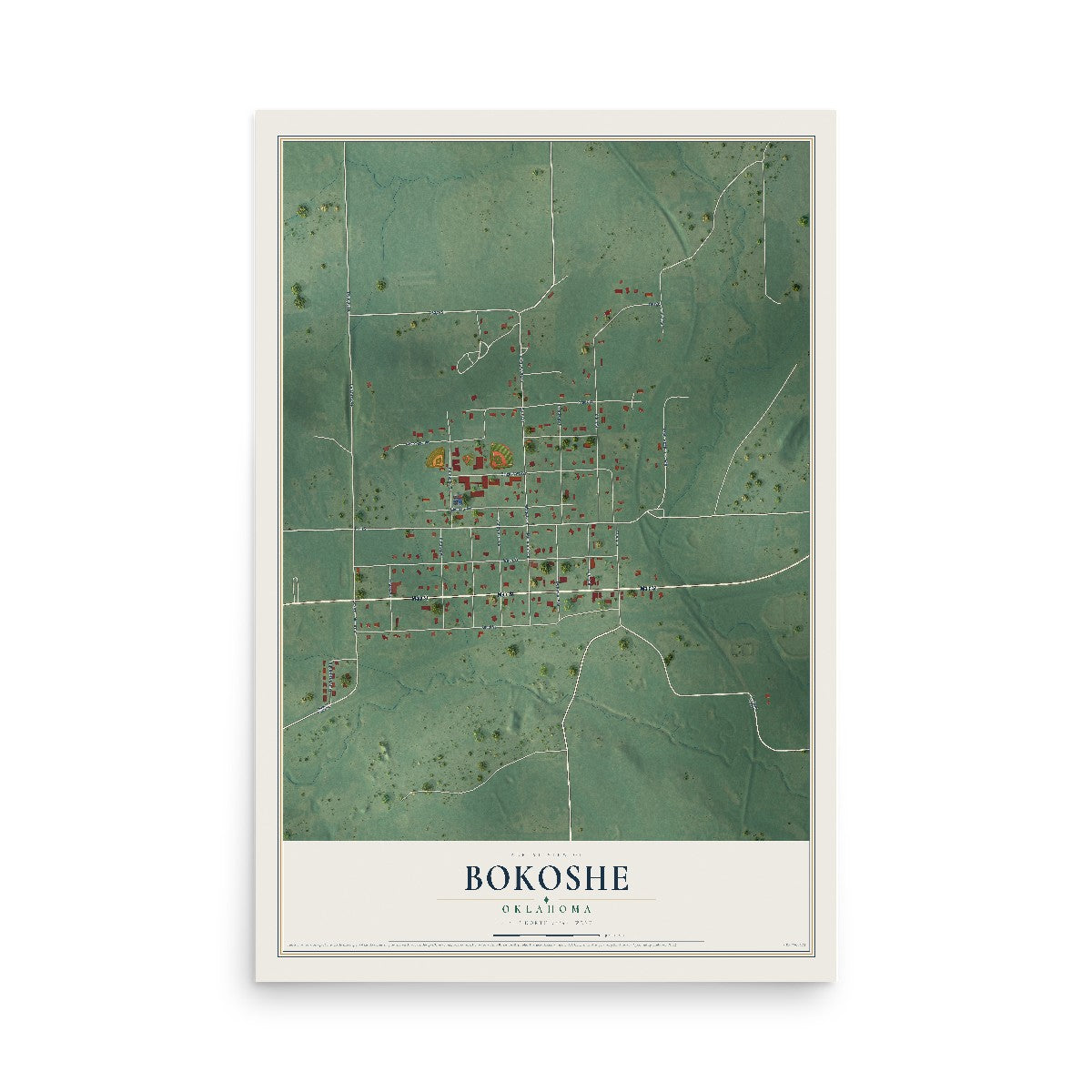 Map of Bokoshe, Oklahoma, 12 x 18 inch unframed archival matte print