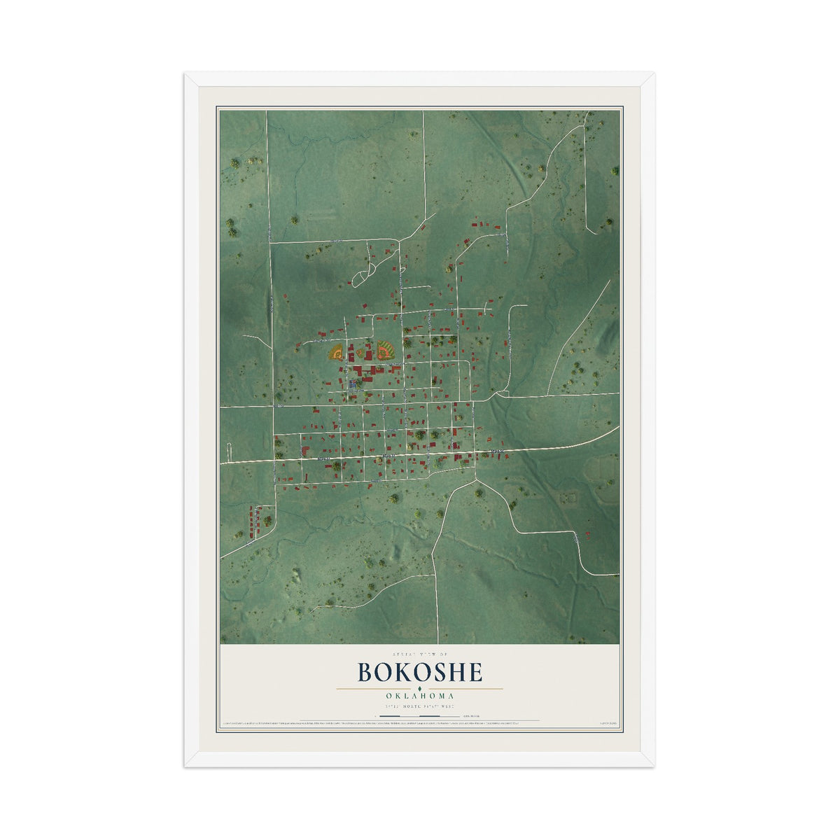 Map of Bokoshe, Oklahoma, 12 x 18 inch print in a white wood frame