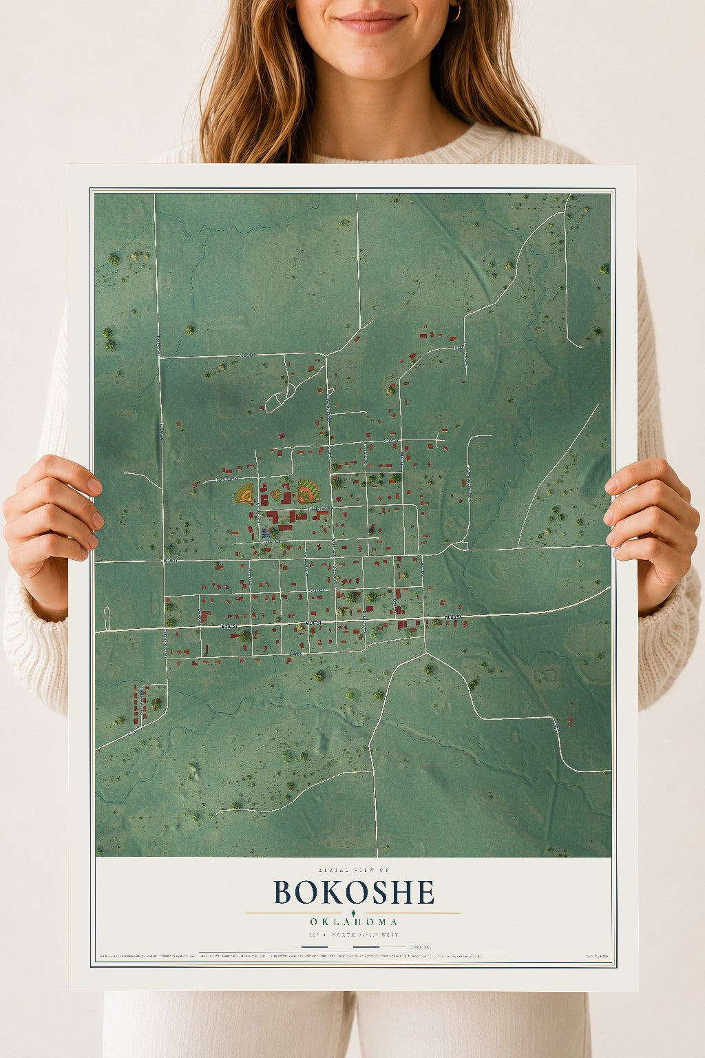 Map of Bokoshe, Oklahoma, 18 x 24 inch unframed archival matte print