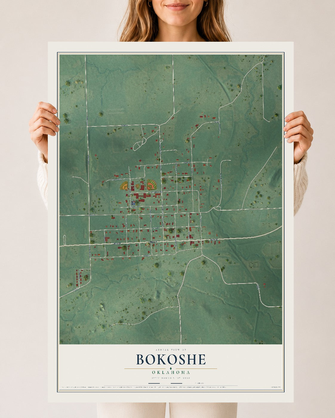 Map of Bokoshe, Oklahoma, 24 x 36 inch unframed archival matte print