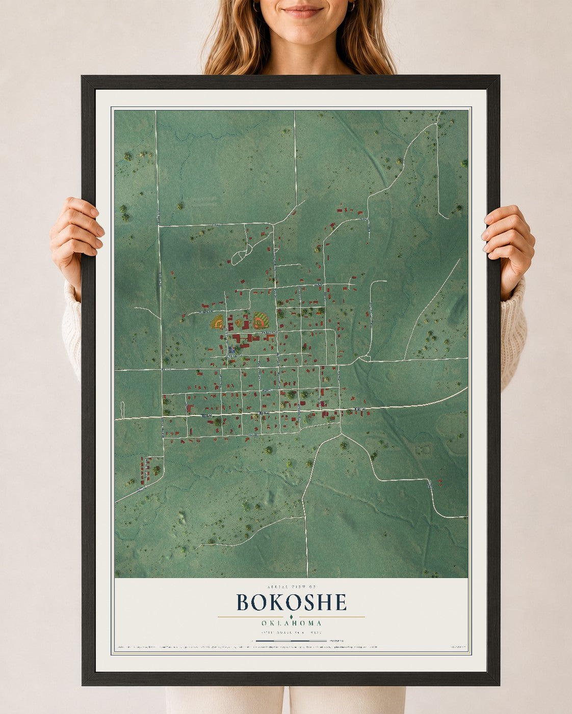 Map of Bokoshe, Oklahoma, 24 x 36 inch print in a black wood frame
