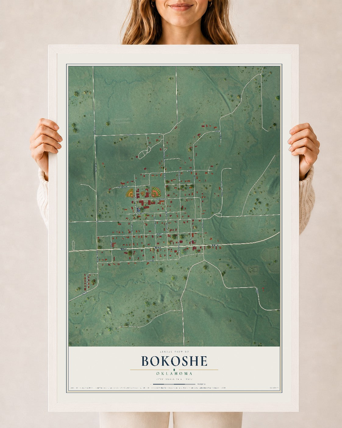Map of Bokoshe, Oklahoma, 24 x 36 inch print in a white wood frame