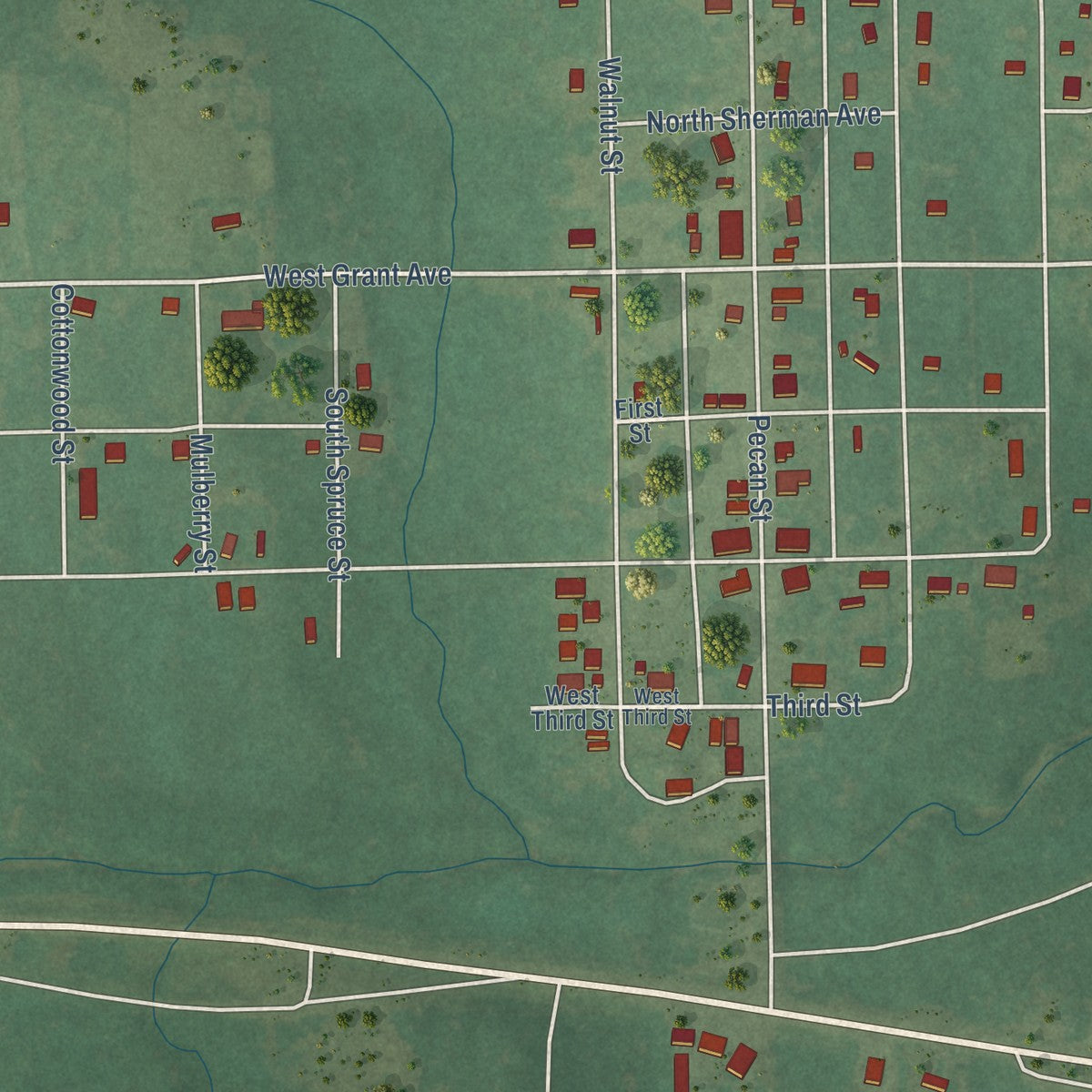 Close-up of the map of Boley, Oklahoma print showing street and building detail