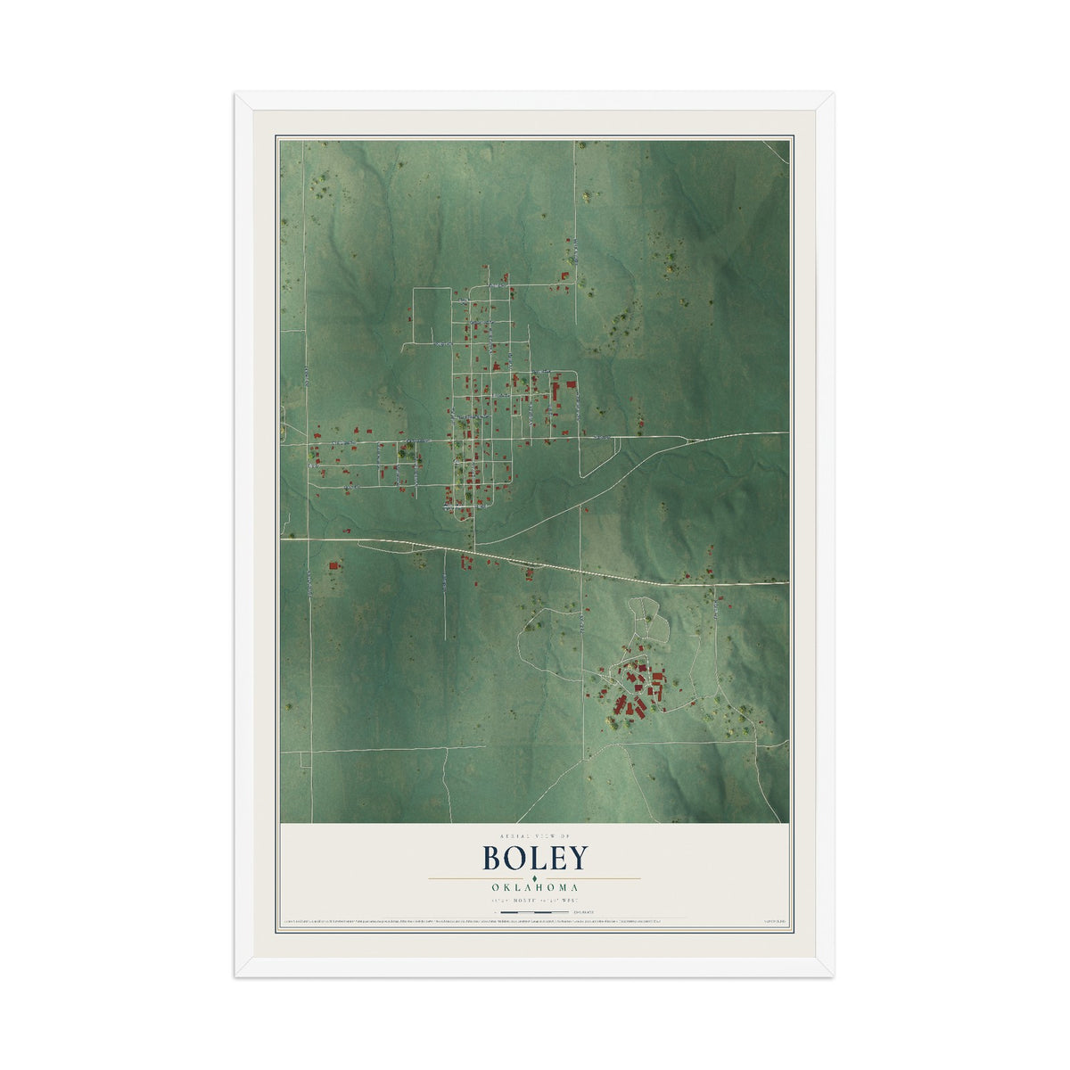 Map of Boley, Oklahoma, 12 x 18 inch print in a white wood frame