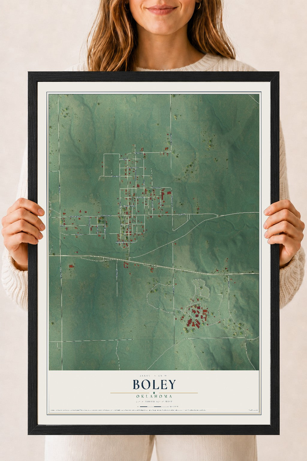 Map of Boley, Oklahoma, 18 x 24 inch print in a black wood frame
