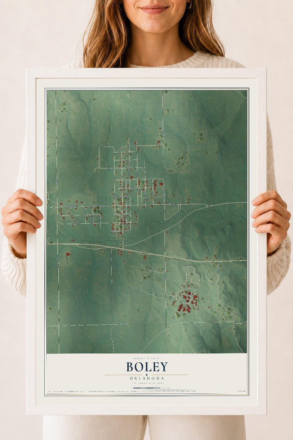 Map of Boley, Oklahoma, 18 x 24 inch print in a white wood frame