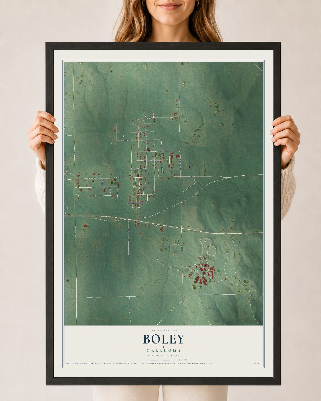 Map of Boley, Oklahoma, 24 x 36 inch print in a black wood frame