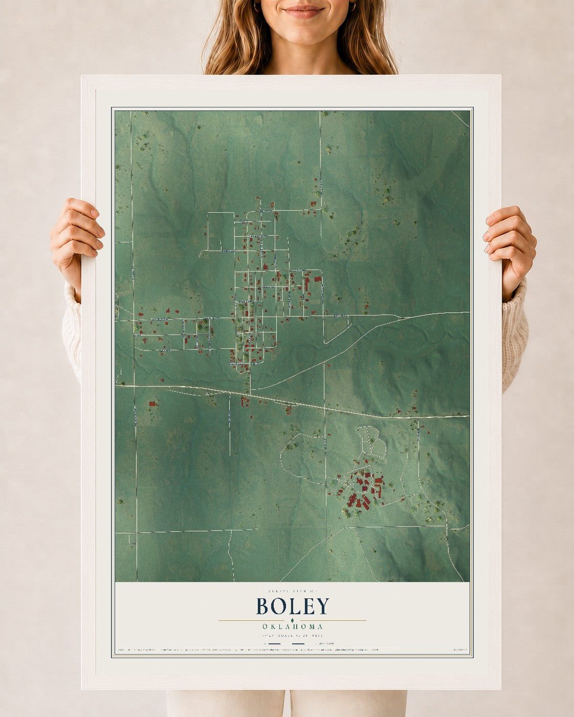 Map of Boley, Oklahoma, 24 x 36 inch print in a white wood frame