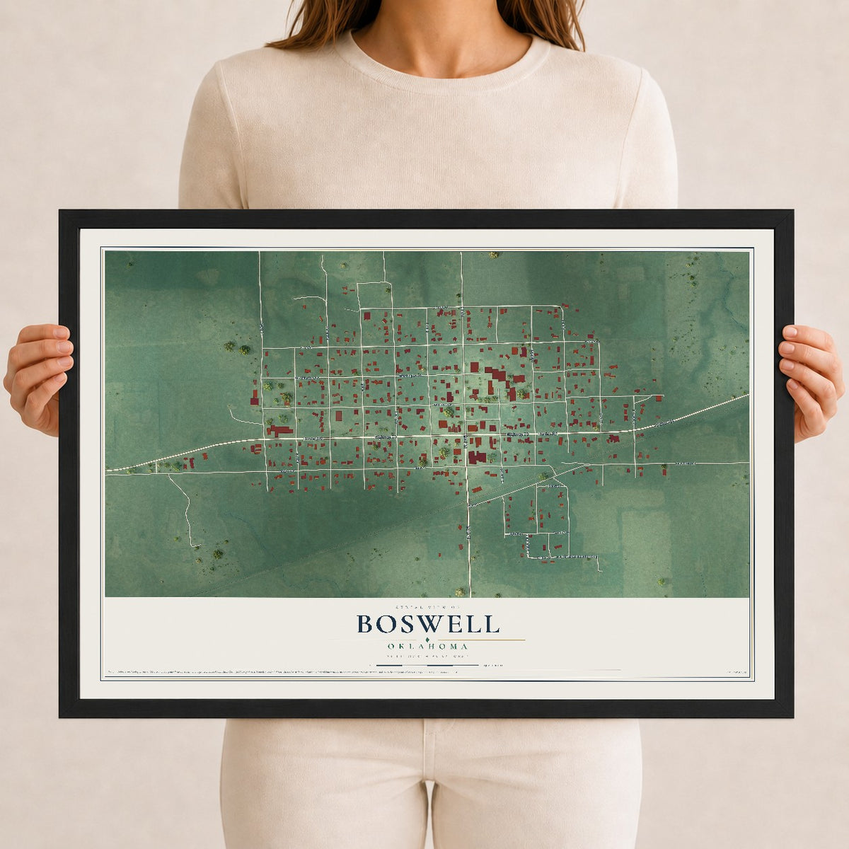Map of Boswell, Oklahoma, 12 x 18 inch print in a black wood frame