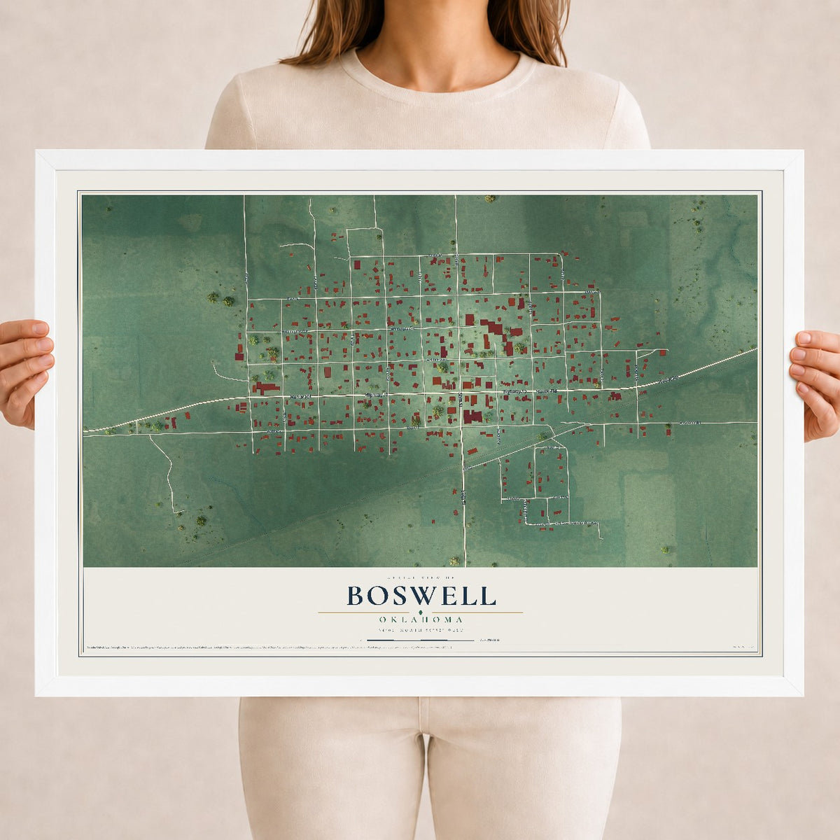 Map of Boswell, Oklahoma, 18 x 24 inch print in a white wood frame