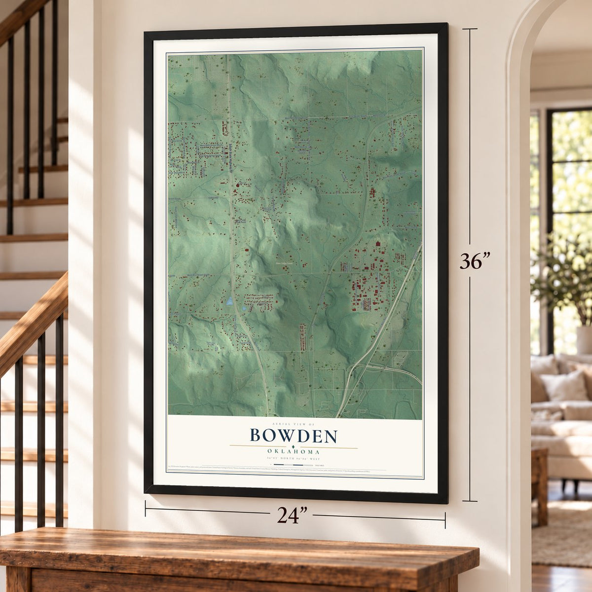 Bowden, Oklahoma map, 24 x 36 inch print in a black frame by a staircase
