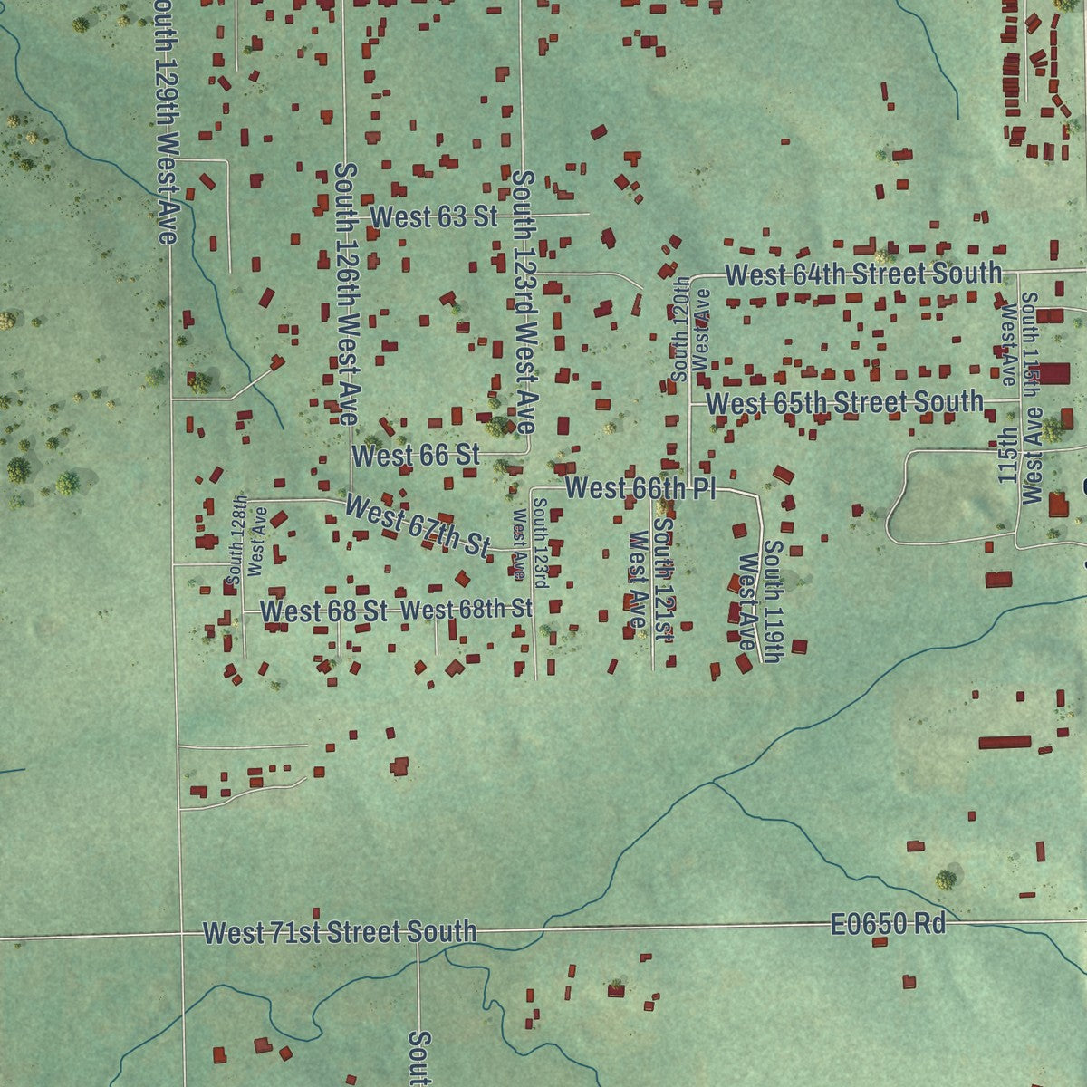 Close-up of the map of Bowden, Oklahoma print showing street and building detail