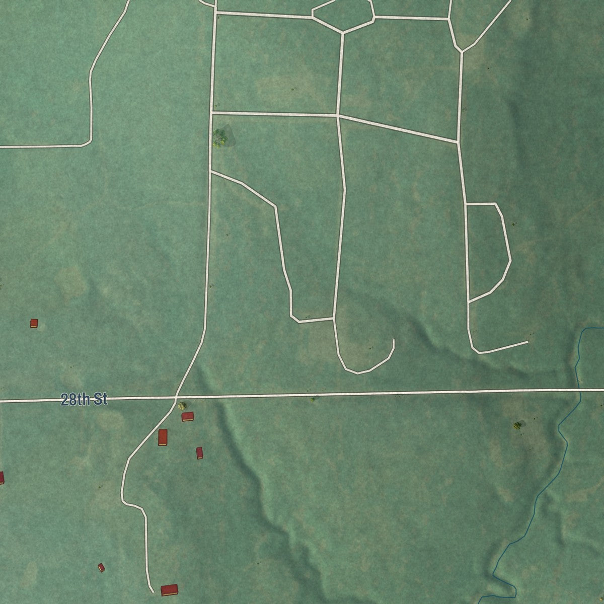 Second close-up of the map of Bowlegs, Oklahoma print showing more streets and buildings