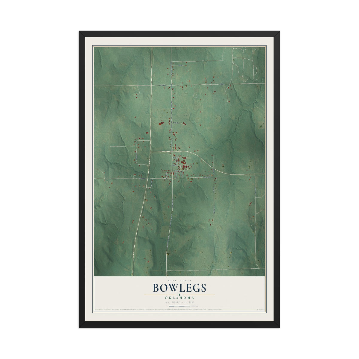 Map of Bowlegs, Oklahoma, 12 x 18 inch print in a black wood frame