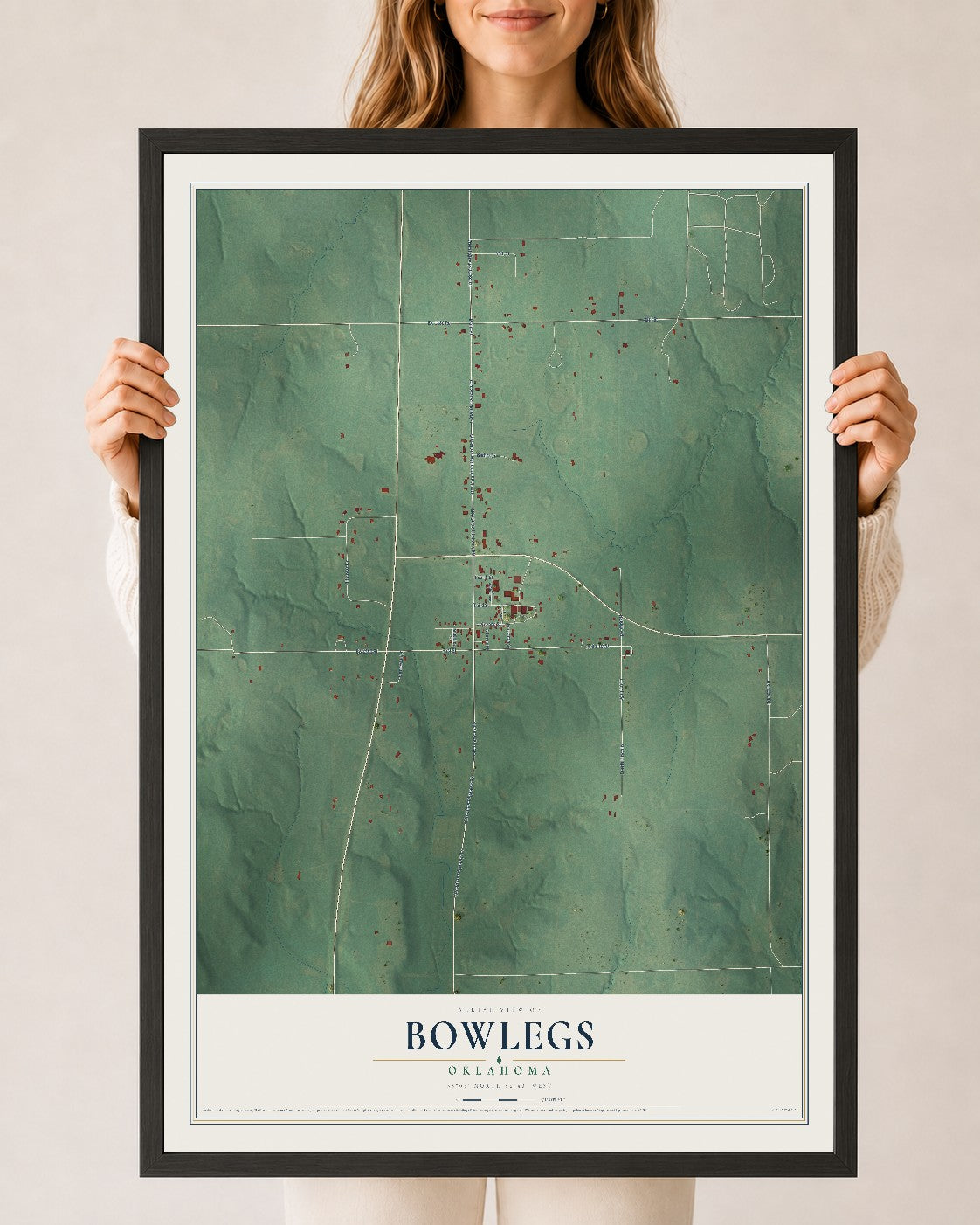 Map of Bowlegs, Oklahoma, 24 x 36 inch print in a black wood frame