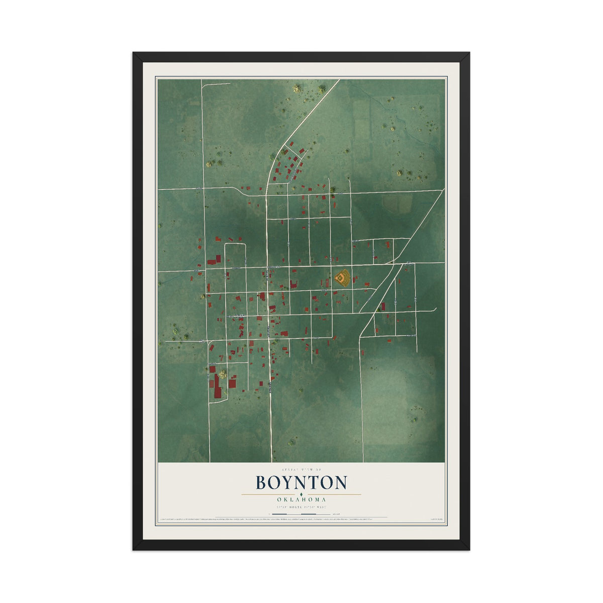 Map of Boynton, Oklahoma, 12 x 18 inch print in a black wood frame