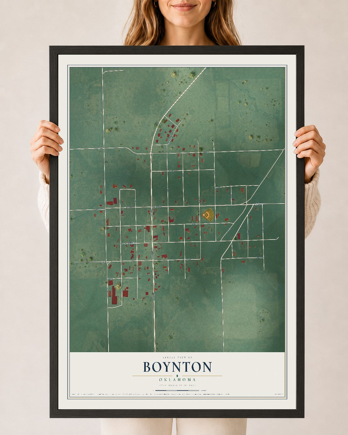 Map of Boynton, Oklahoma, 24 x 36 inch print in a black wood frame