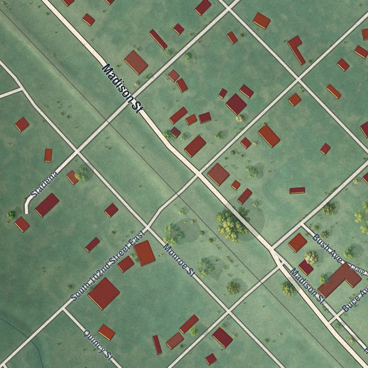 Close-up of the map of Braggs, Oklahoma print showing street and building detail