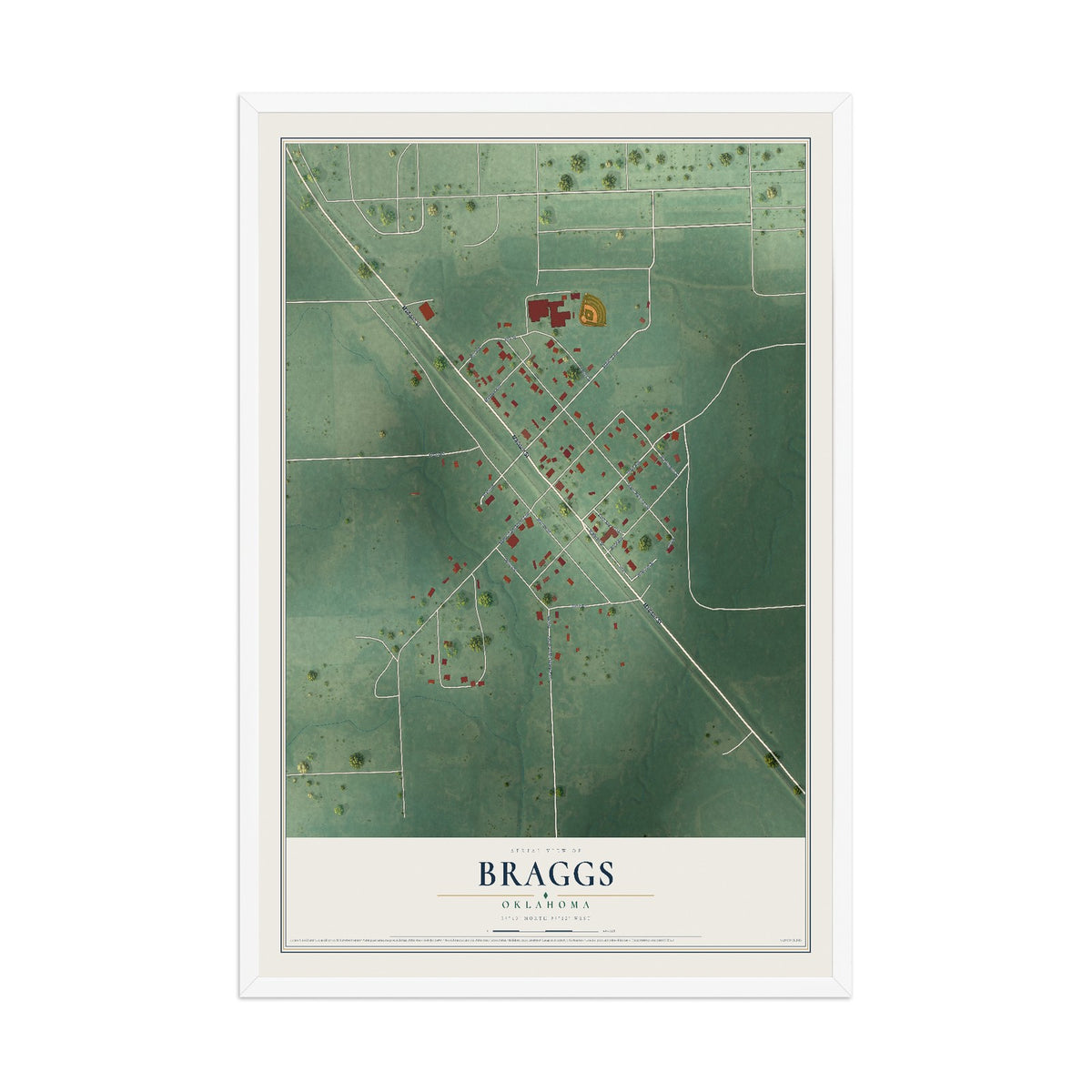 Map of Braggs, Oklahoma, 12 x 18 inch print in a white wood frame