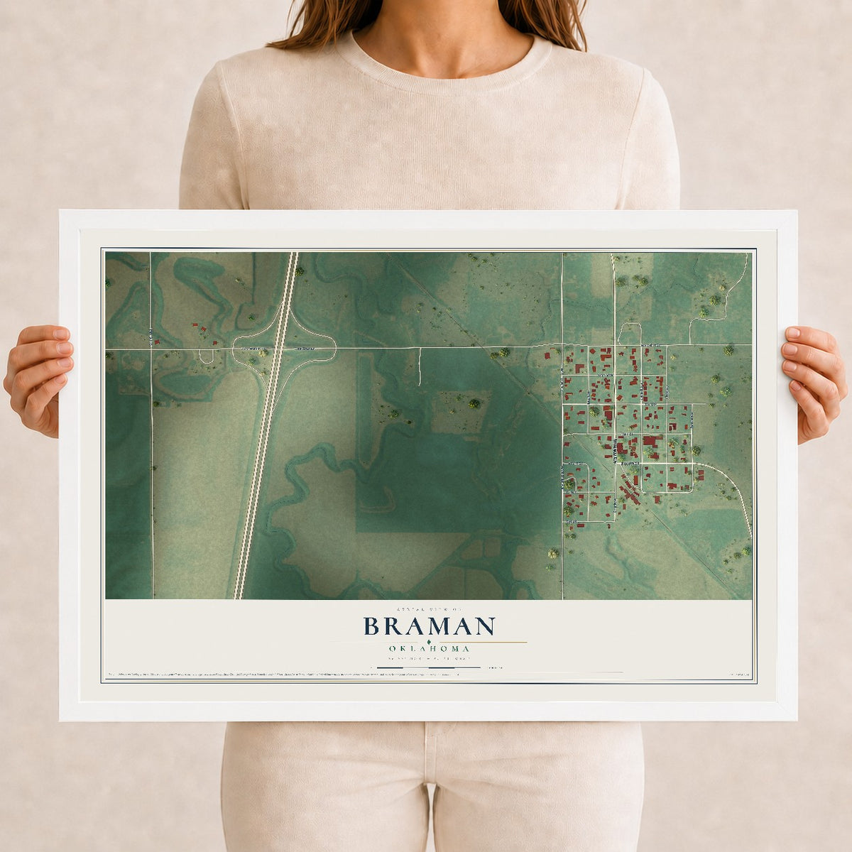 Map of Braman, Oklahoma, 12 x 18 inch print in a white wood frame
