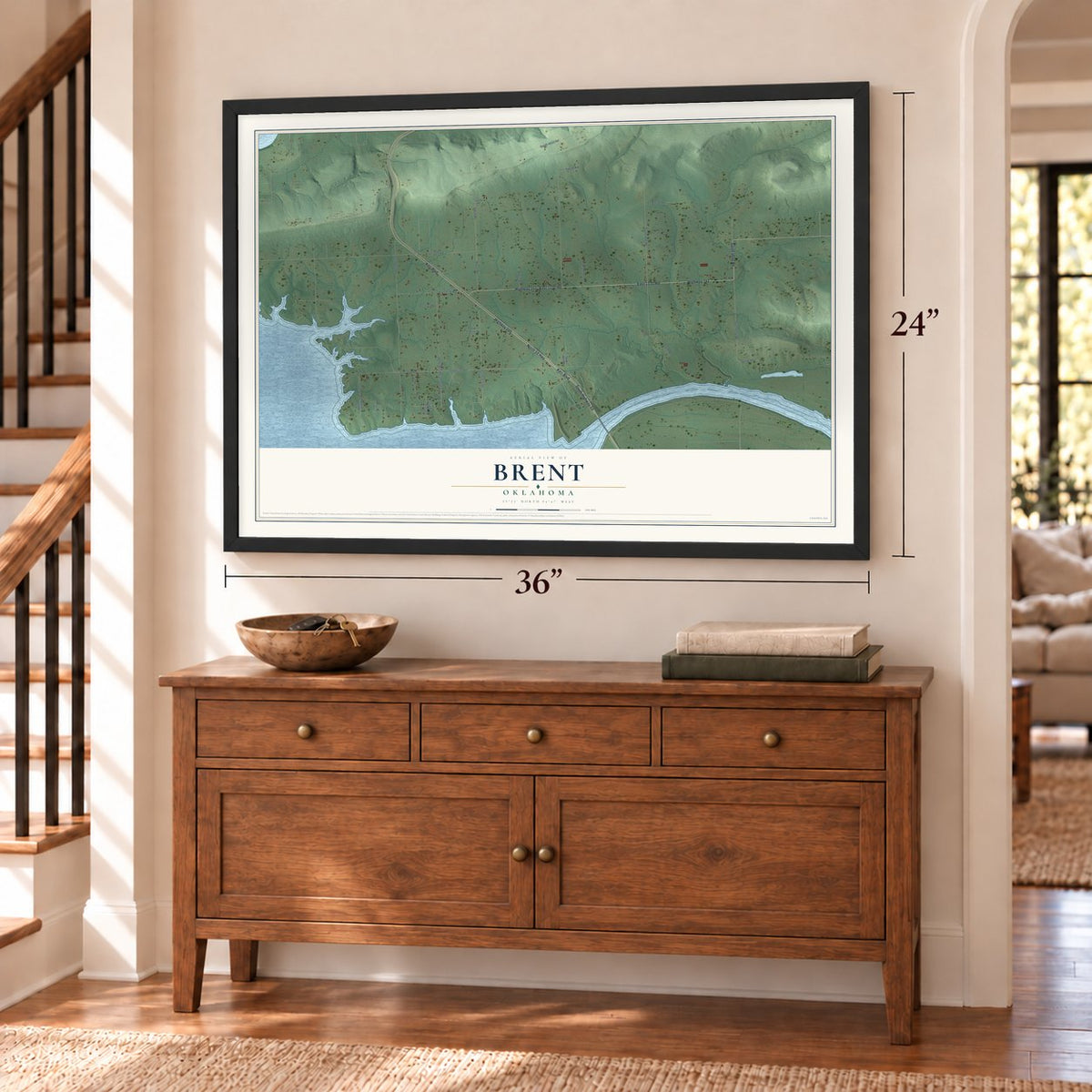 Brent, Oklahoma map, 24 x 36 inch print in a black frame above a dresser by a staircase