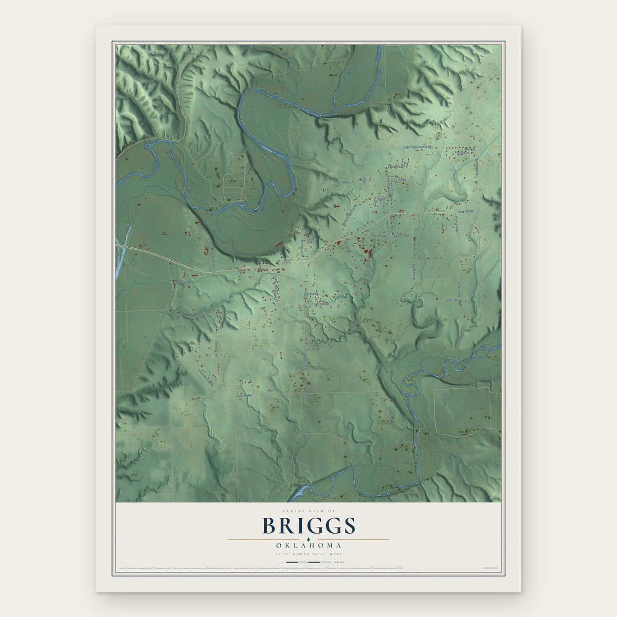 Briggs, Oklahoma map print, the full design