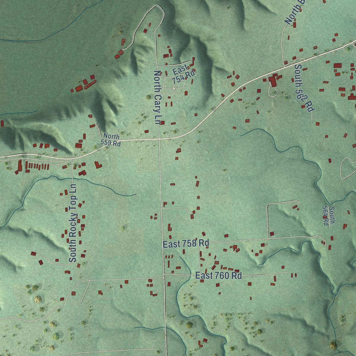 Close-up of the map of Briggs, Oklahoma print showing street and building detail