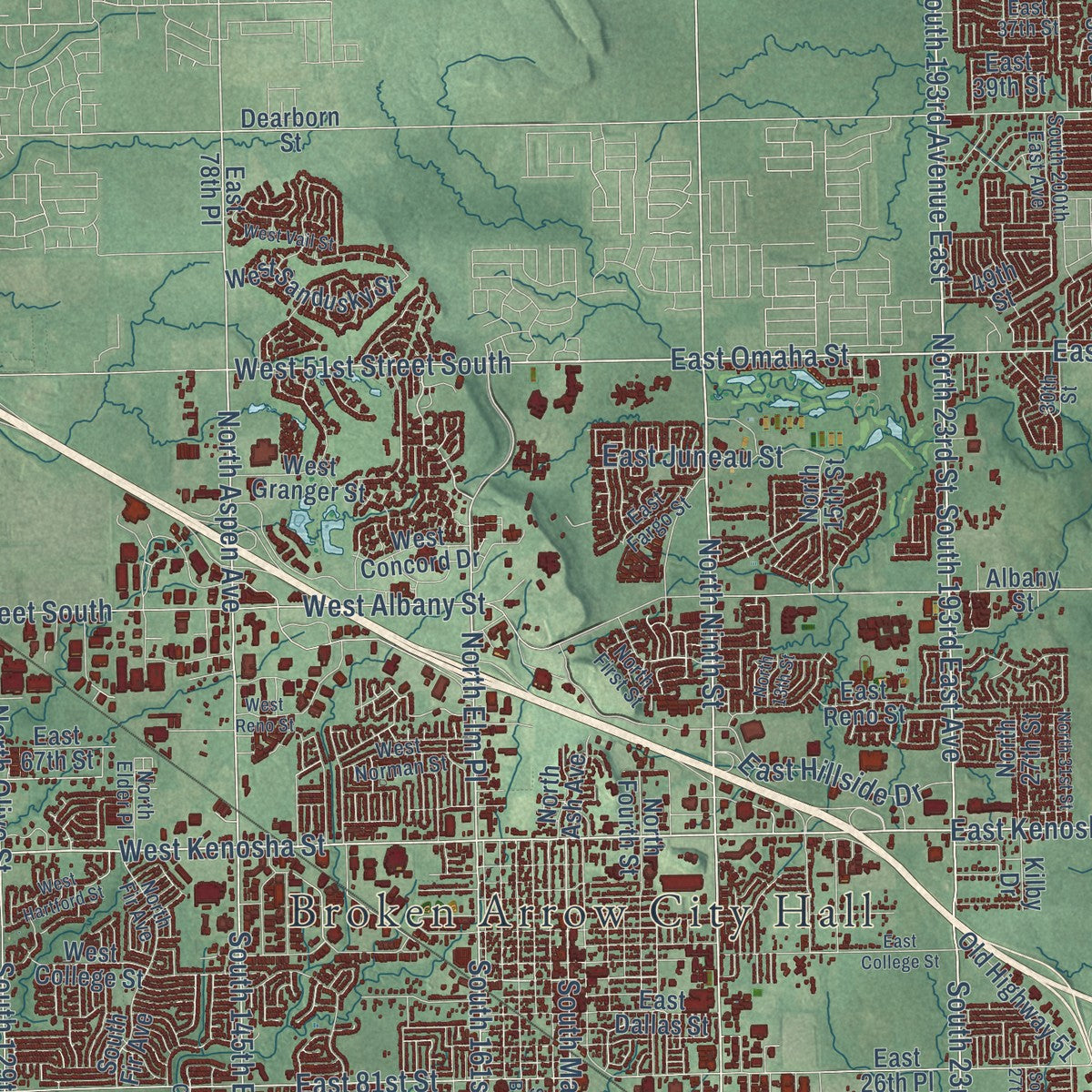 Close-up of the map of Broken Arrow, Oklahoma print showing street and building detail