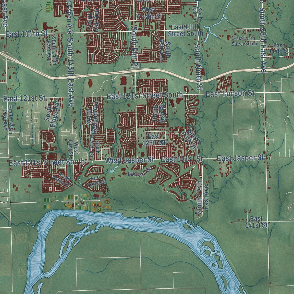 Second close-up of the map of Broken Arrow, Oklahoma print showing more streets and buildings