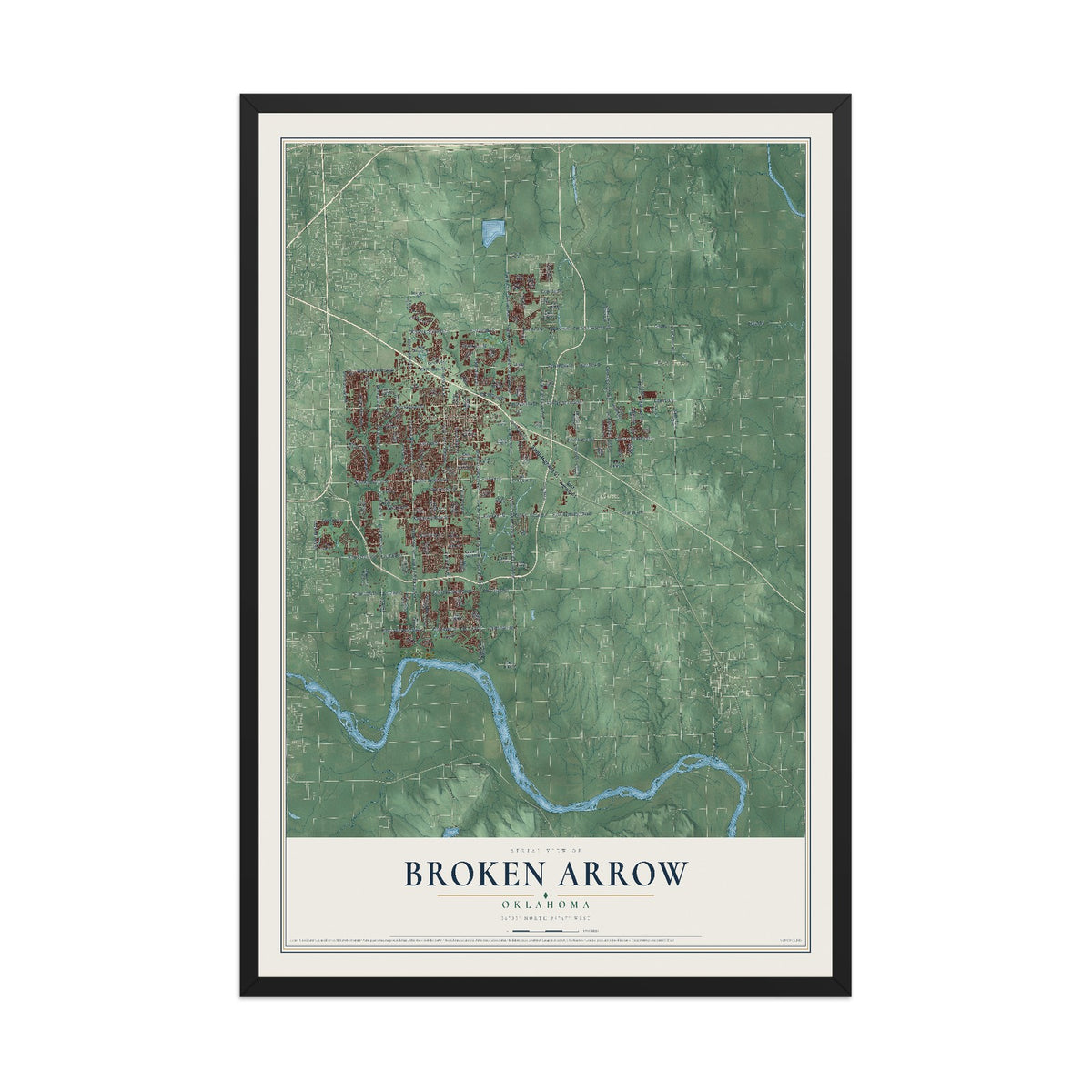 Map of Broken Arrow, Oklahoma, 12 x 18 inch print in a black wood frame