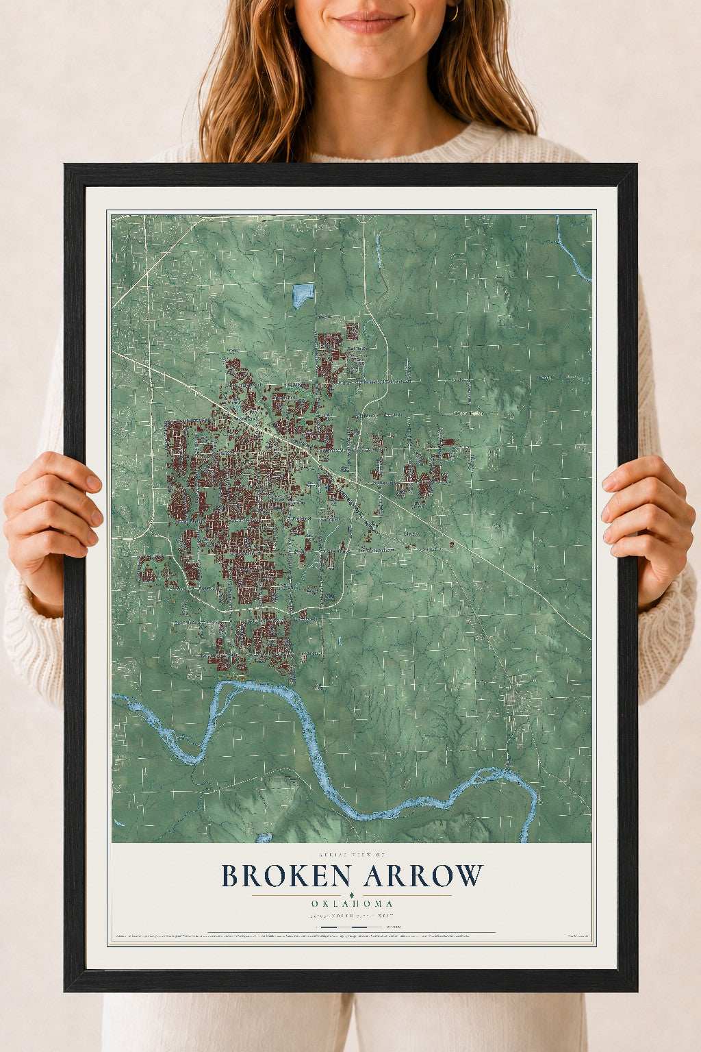 Map of Broken Arrow, Oklahoma, 18 x 24 inch print in a black wood frame