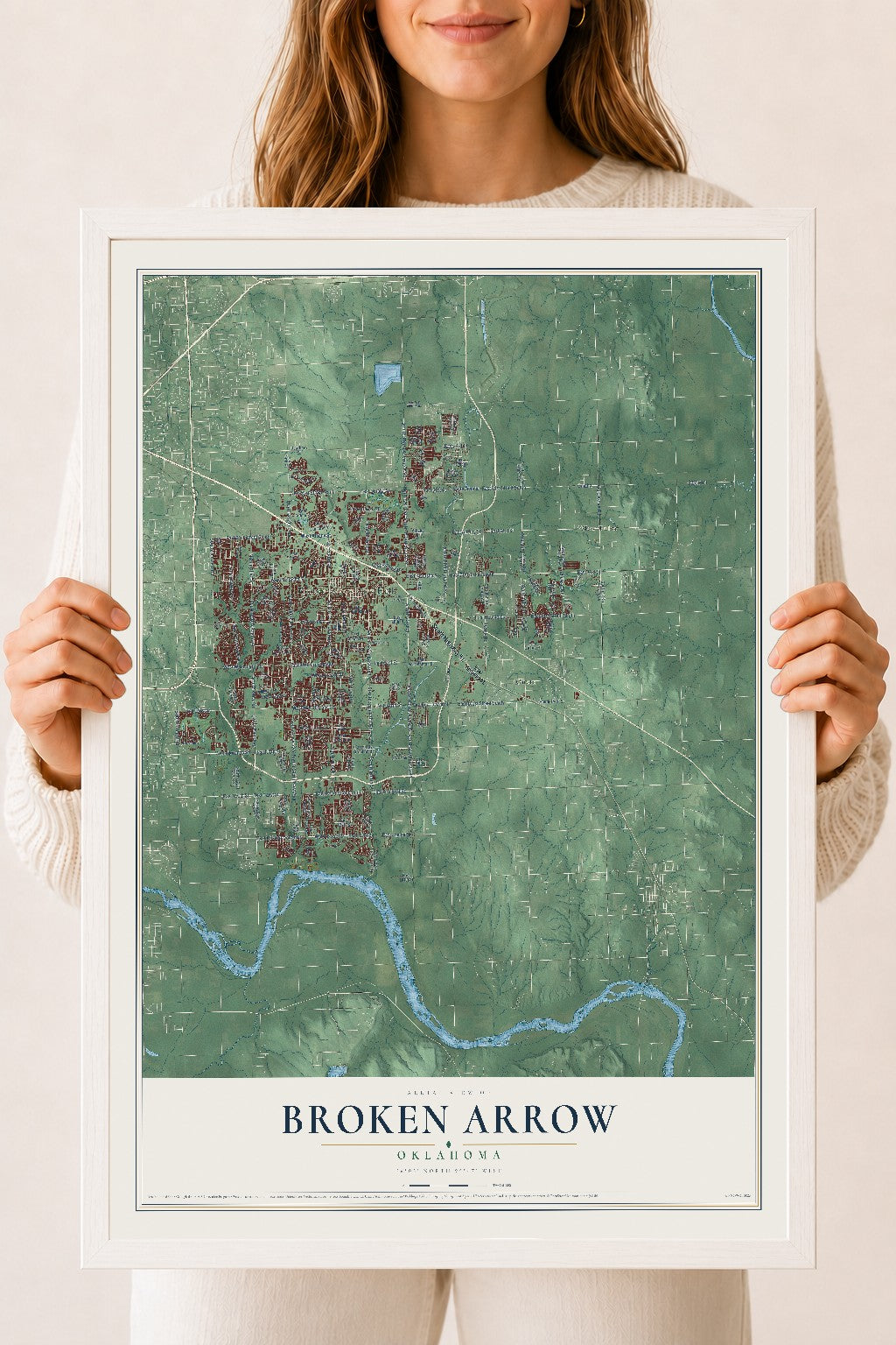 Map of Broken Arrow, Oklahoma, 18 x 24 inch print in a white wood frame