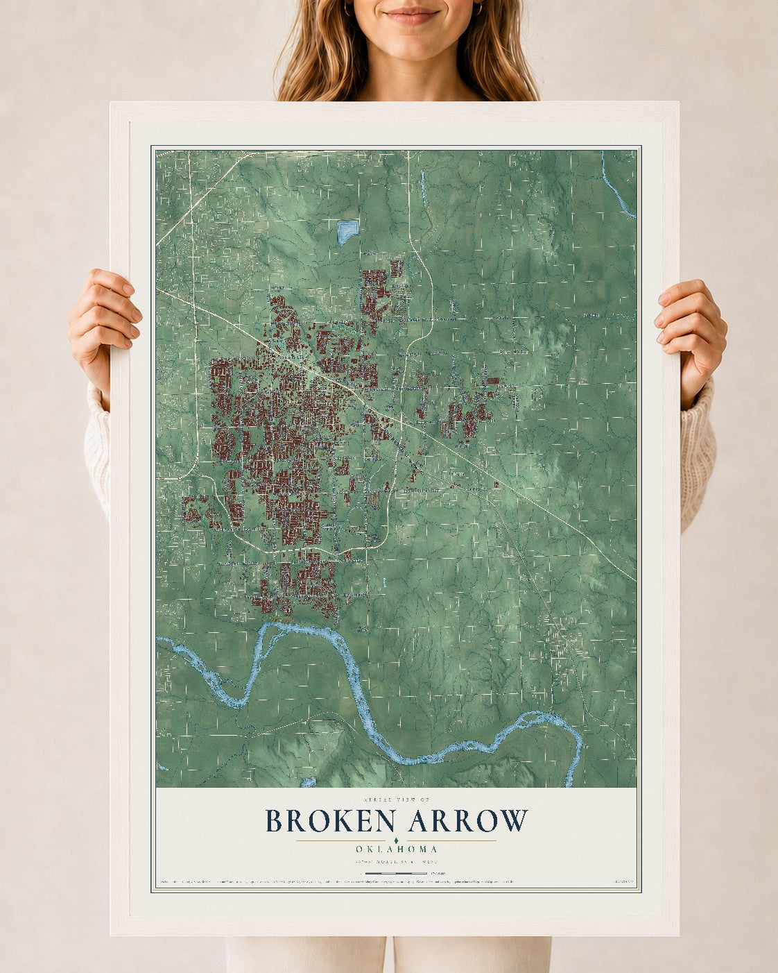 Map of Broken Arrow, Oklahoma, 24 x 36 inch print in a white wood frame