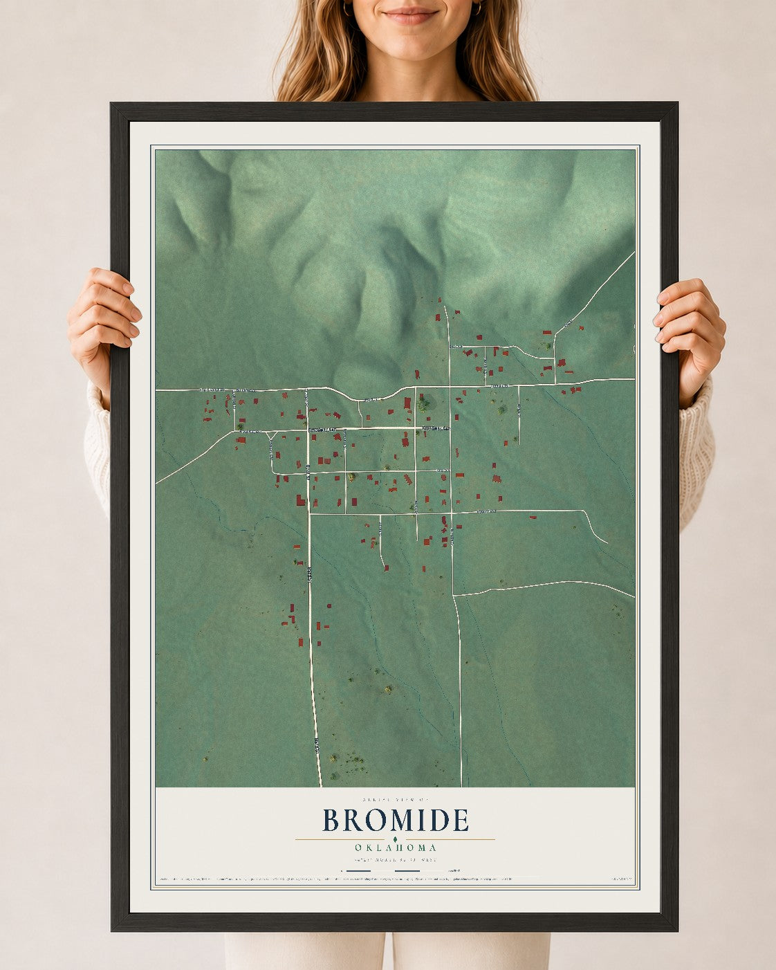 Map of Bromide, Oklahoma, 24 x 36 inch print in a black wood frame